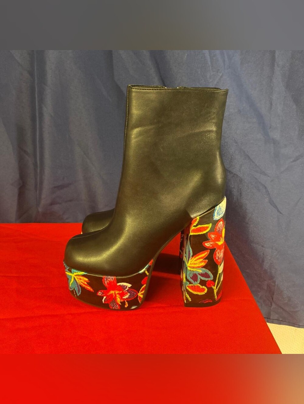 Floral Embroidered Platform Ankle Boots Black Chunky Block Heel Size 37Option